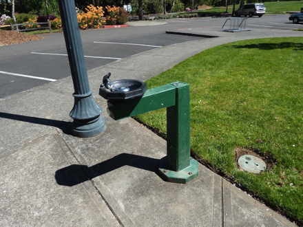 Drinking fountain and bike rack along the sidewalk at the parking lot
